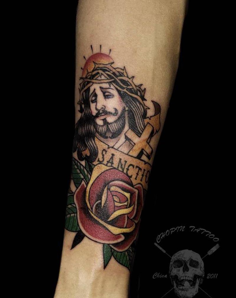 “囧眉”耶稣纹身图片_手臂Old School纹身图案