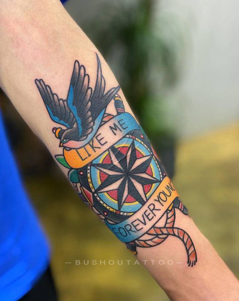 Oldschool船舵燕子纹身图片_手臂Old School船舵 燕子纹身图案