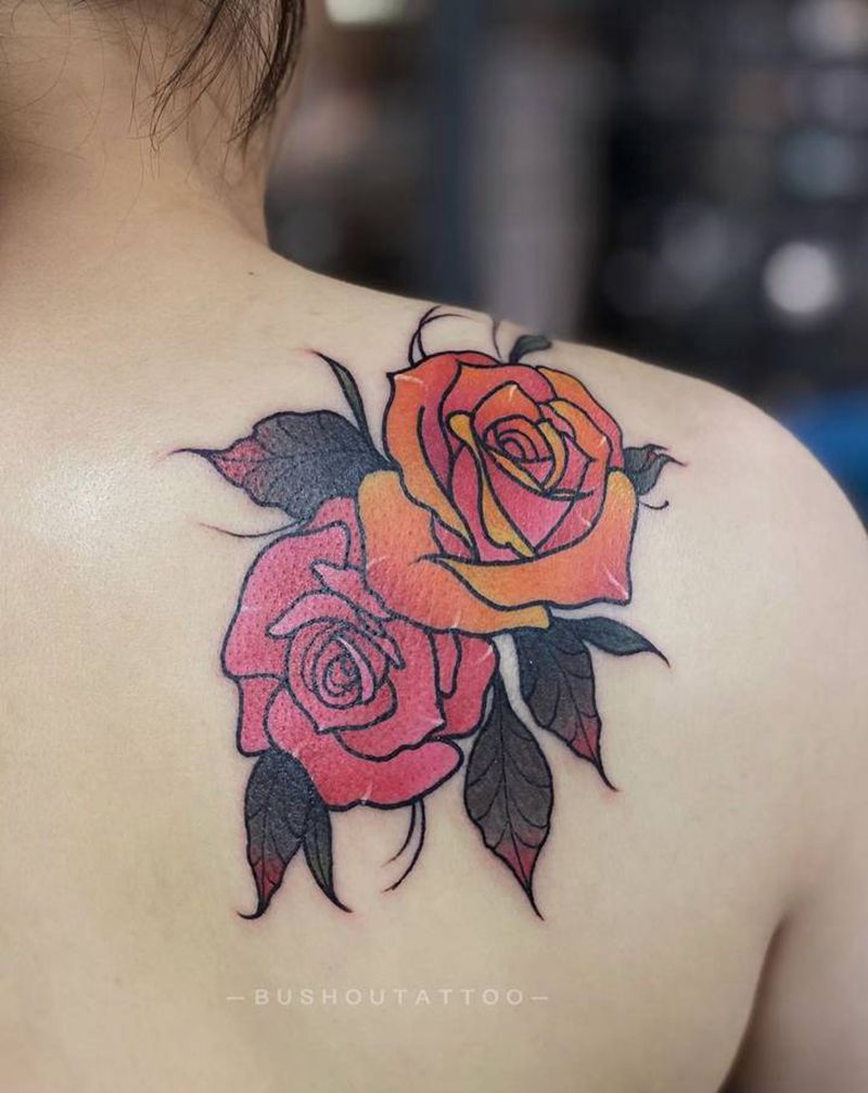 Newschool玫瑰纹身图片_背部Old SchoolNew School玫瑰纹身图案