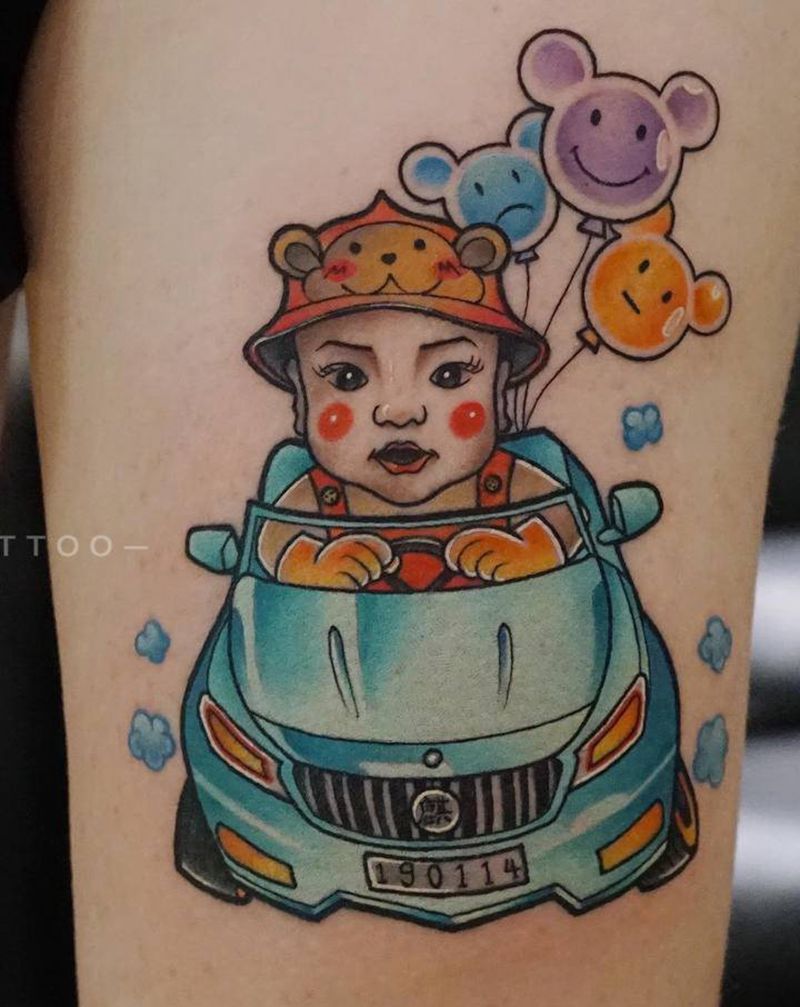 Oldschool小孩纹身图片_腿部Old SchoolNew School小孩 汽车纹身图案