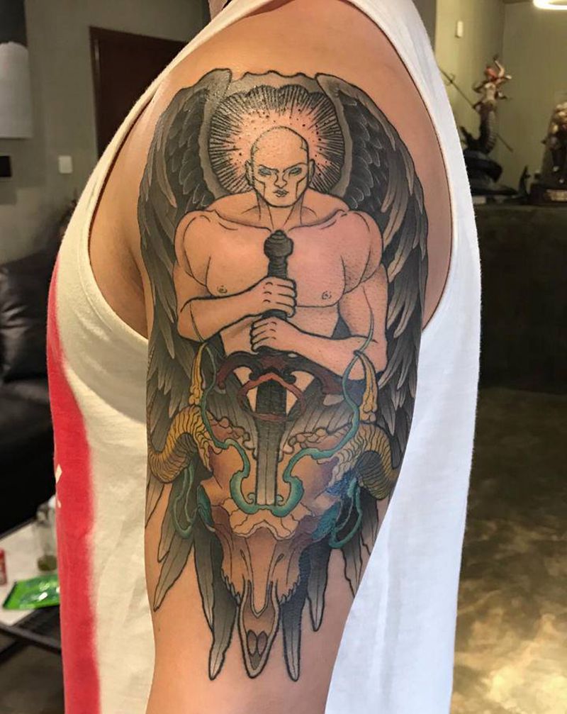 惩戒天使纹身图片_手臂New SchoolOld School天使 羊头纹身图案