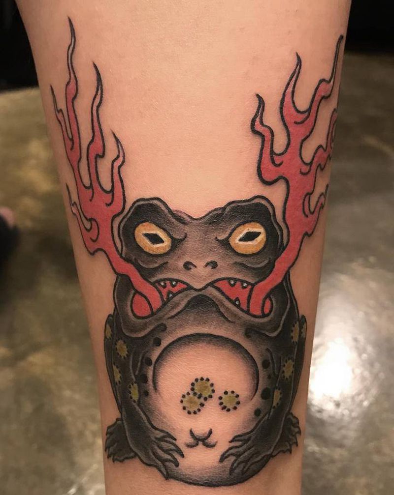 Oldschool日式蛙纹身图片_腿部Old School老传统蛙青蛙蟾蜍纹身图案