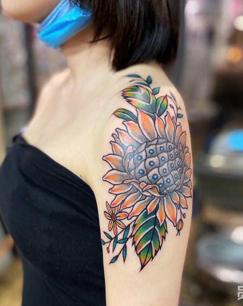 Oldschool向日葵纹身图片_手臂Old School向日葵纹身图案