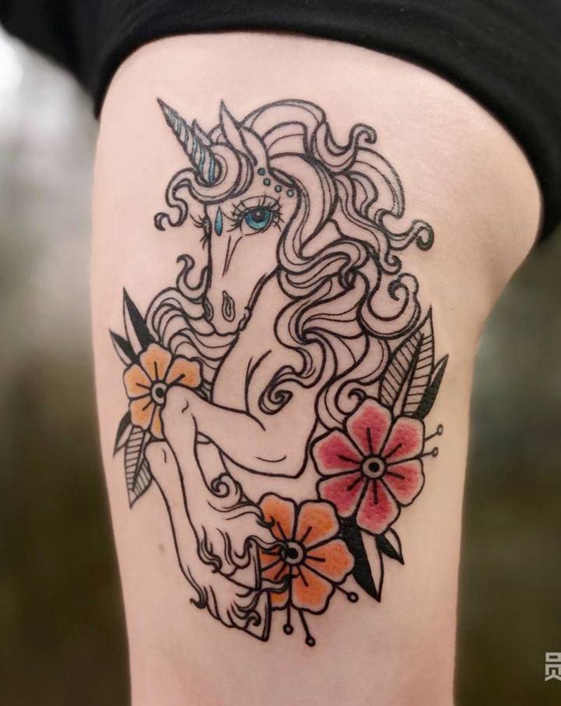 Oldschool独角兽纹身图片_腿部Old SchoolNew School独角兽纹身图案