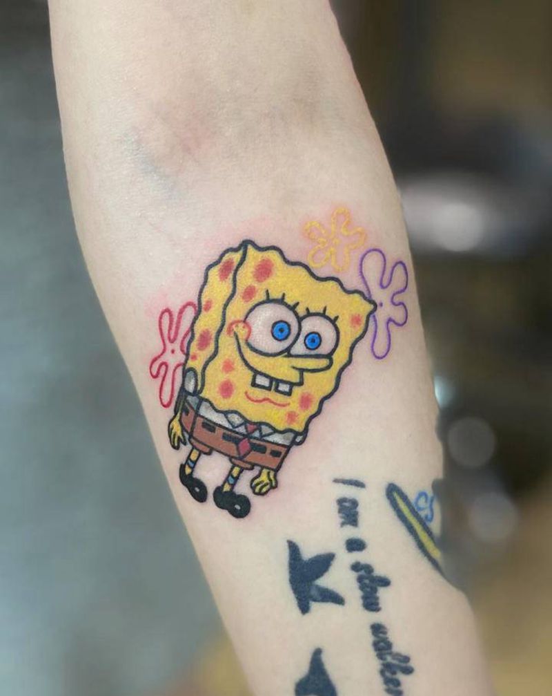 卡通海绵宝宝纹身图片_手臂Old School海绵宝宝纹身图案