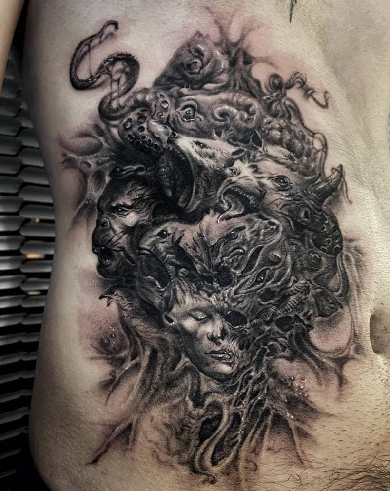 深渊纹身图片_腹部欧美写实动物 肖像纹身图案