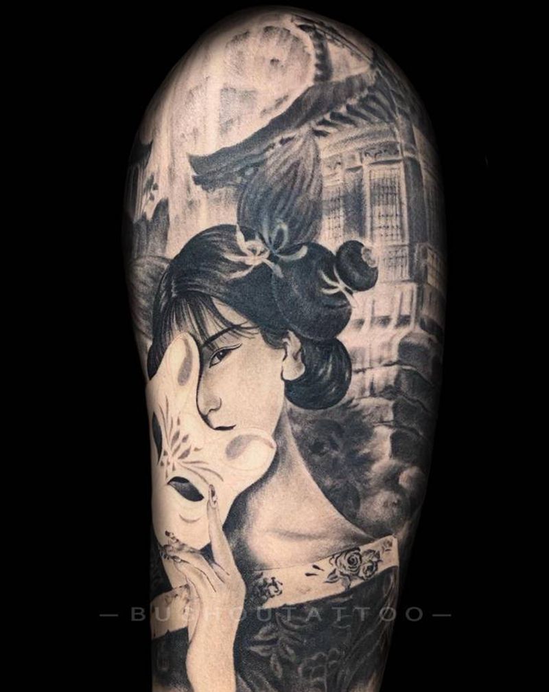 古风肖像写实纹身图片_手臂欧美写实肖像 建筑纹身图案