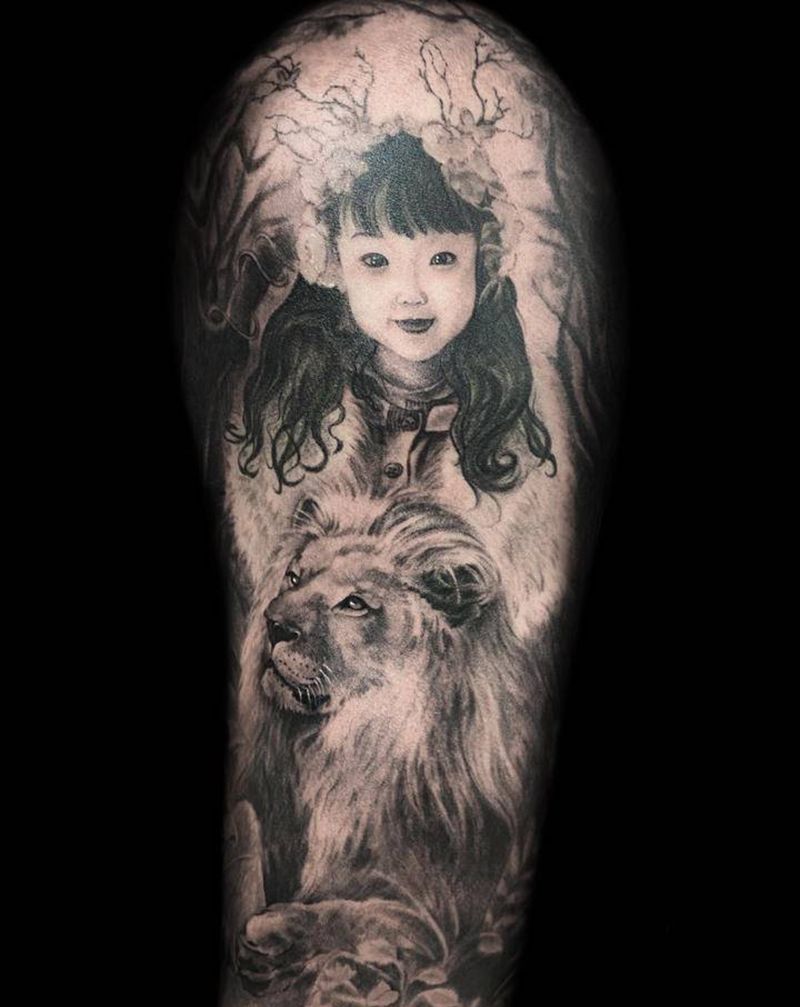 狮子座女儿纹身图片_手臂欧美写实肖像 狮子纹身图案