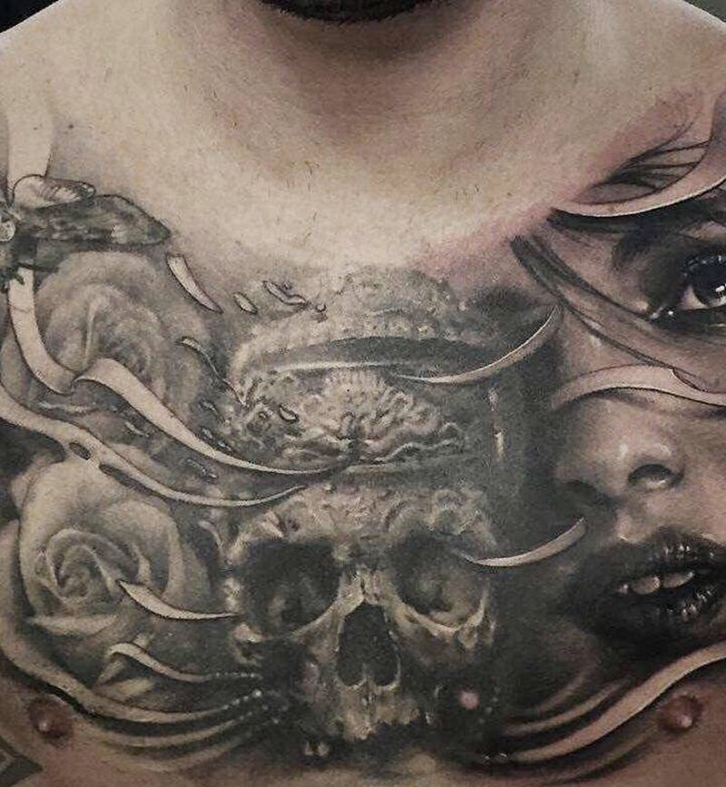 写实花胸纹身图片_胸部欧美写实纹身图案