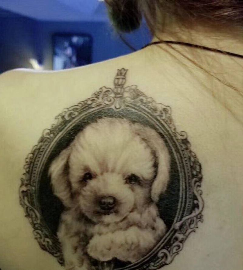 狗狗肖像纹身图片_肩部背部欧美写实纹身图案