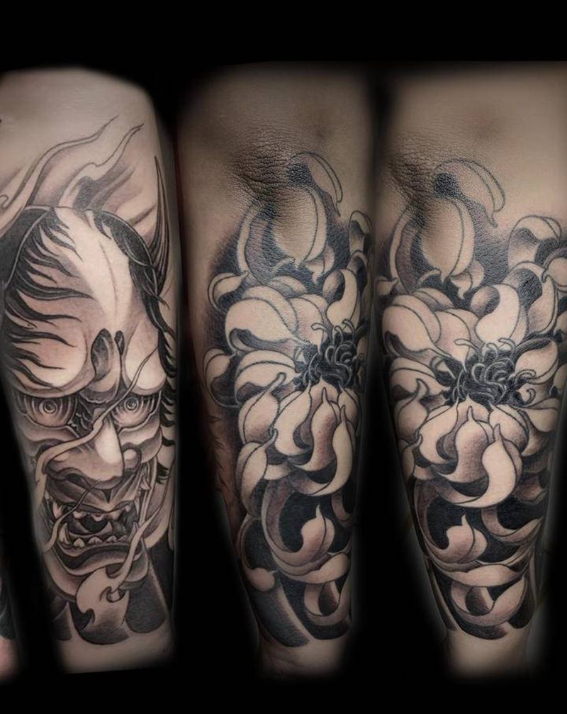 般若菊花纹身图片_手臂新传统般若菊花包小臂纹身图案