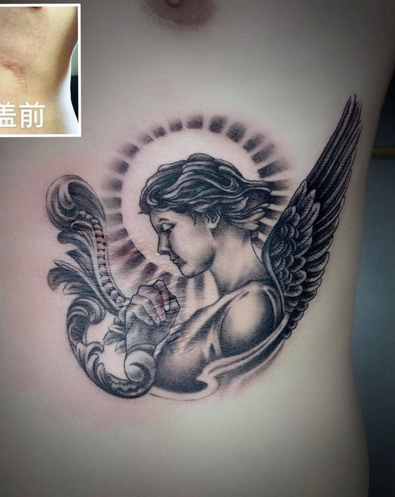 遮盖天使纹身图片_腹部腰部欧美写实天使手术疤痕遮盖纹身图案