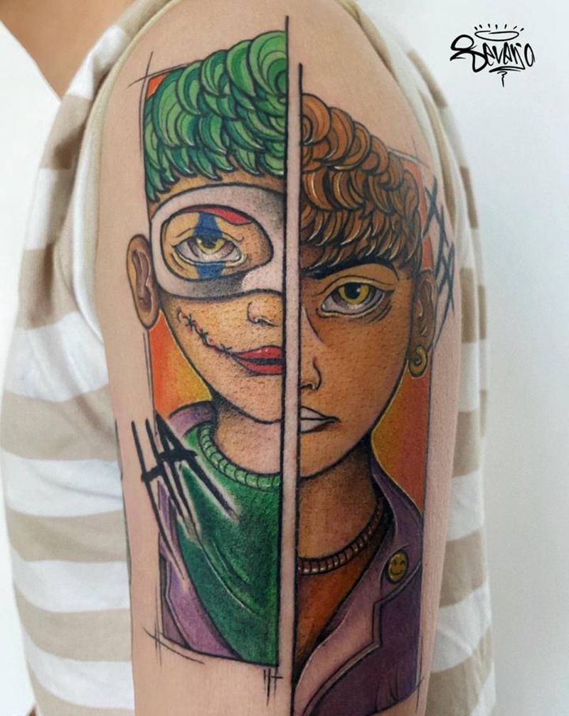 人的两个面具纹身图片_手臂New School纹身图案