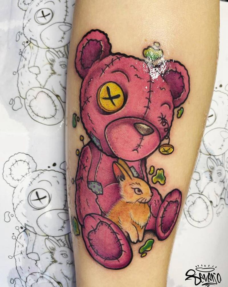 玩具熊纹身图片_手臂New School欧美写实泰迪熊兔子玩具熊纹身图案