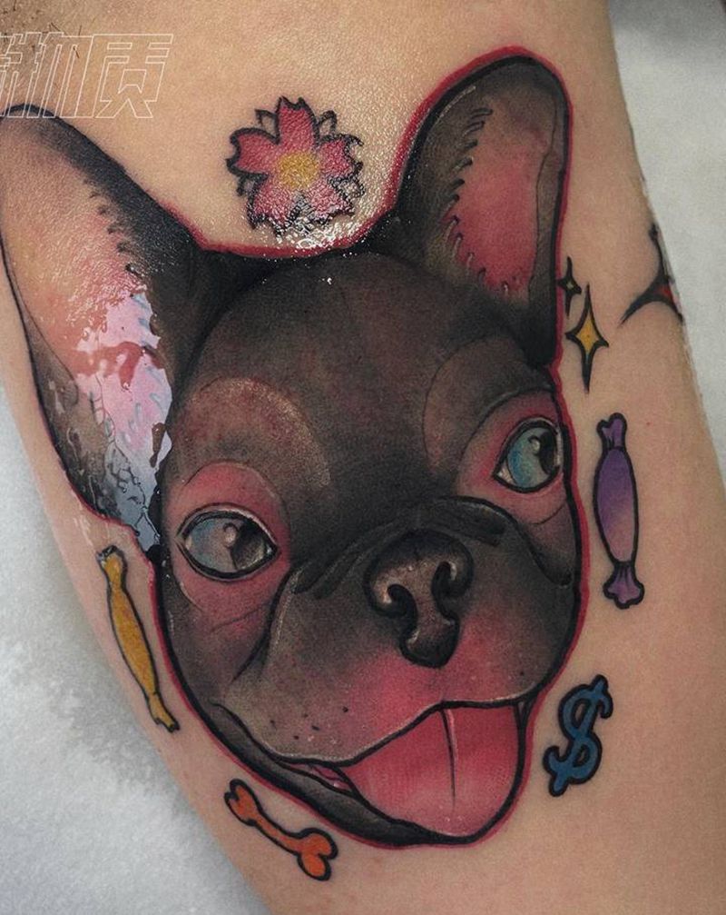 发斗纹身图片_手臂New School法斗宠物狗狗纹身图案