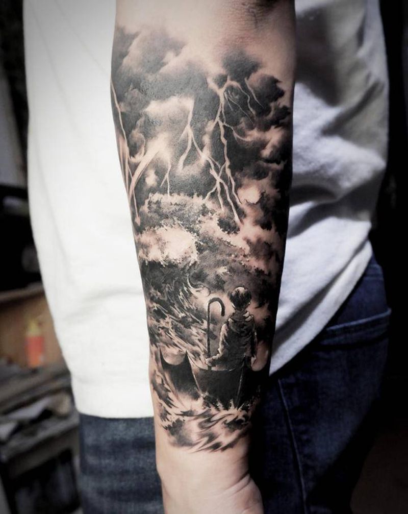 她说风雨中纹身图片_欧美写实海浪雨伞寓意纹身图案