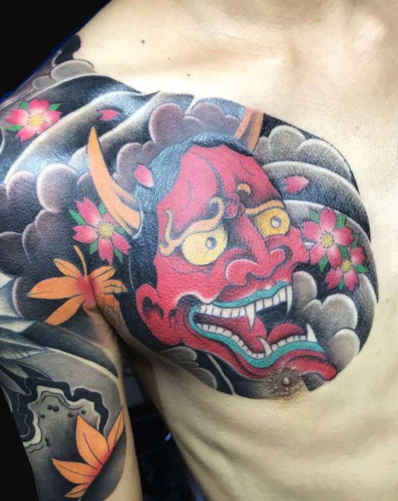 日式半胛纹身图片_胸部手臂老传统般若纹身图案