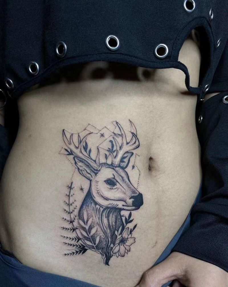 麋鹿纹身图片_腹部点刺纹身图案