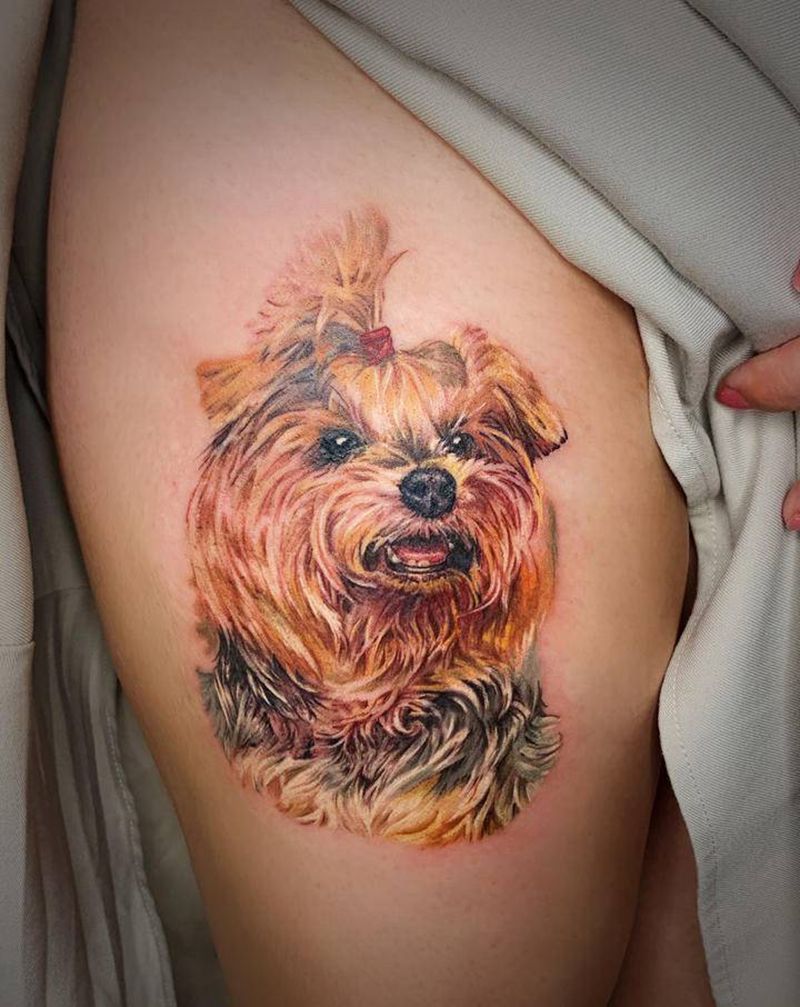 狗子纹身图片_腿部欧美写实狗肖像彩色写实纹身图案