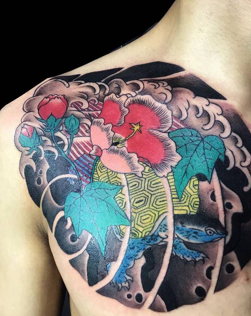 日式纹身图片_胸部老传统乌龟纹身图案