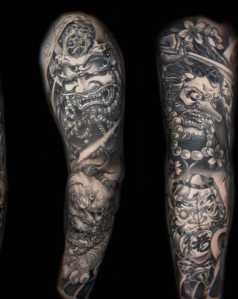 唐狮天狗小达摩纹身图片_手臂新传统花臂武士达摩纹身图案