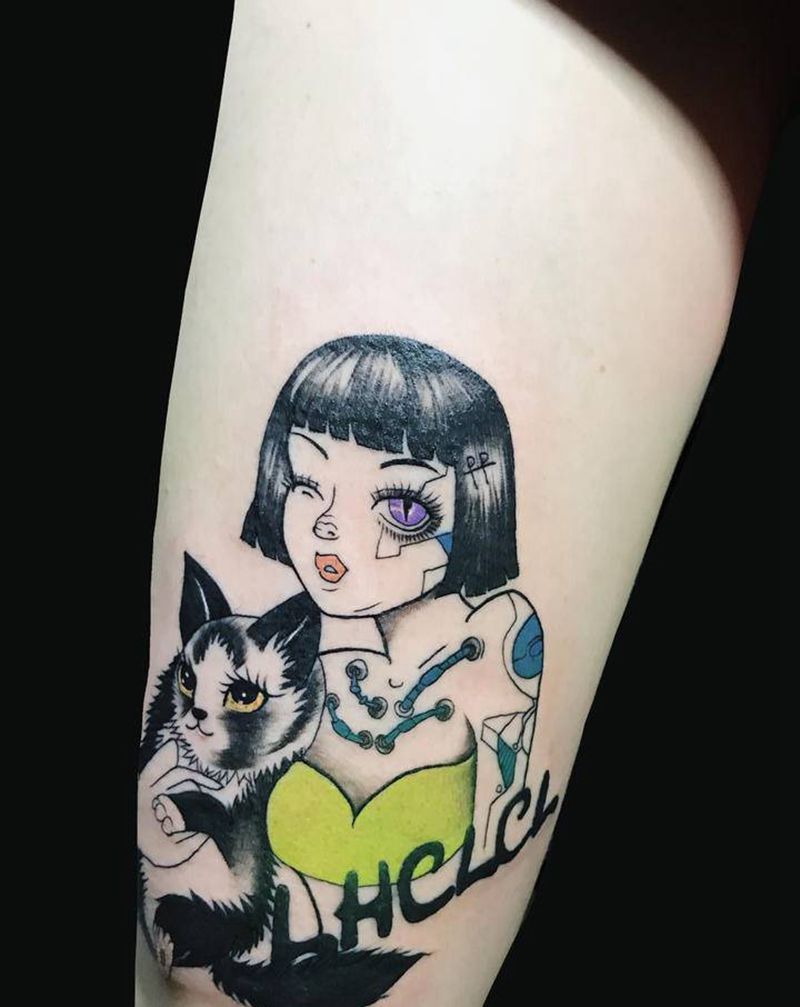 机器人女孩和她的猫纹身图片_腿部猫纹身图案
