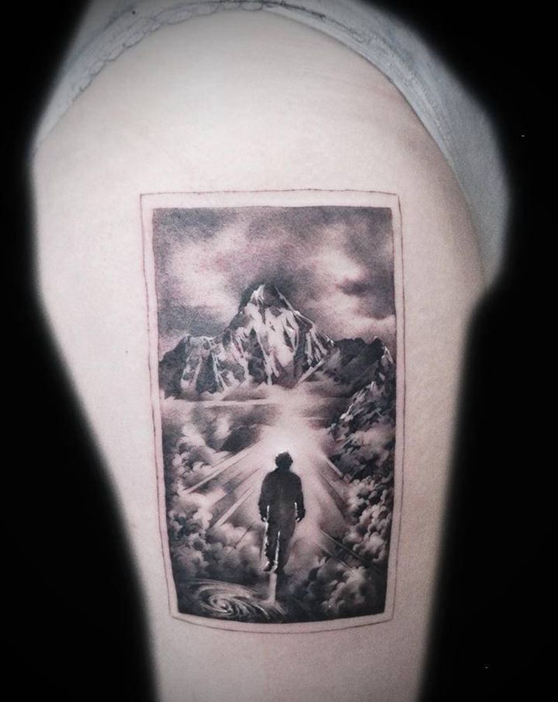 对父亲的思念纹身图片_腿部欧美写实点刺父亲离去亲人纹身图案