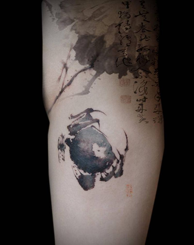 黄甲图纹身图片_腿部水墨点刺古画徐渭小写意纹身图案