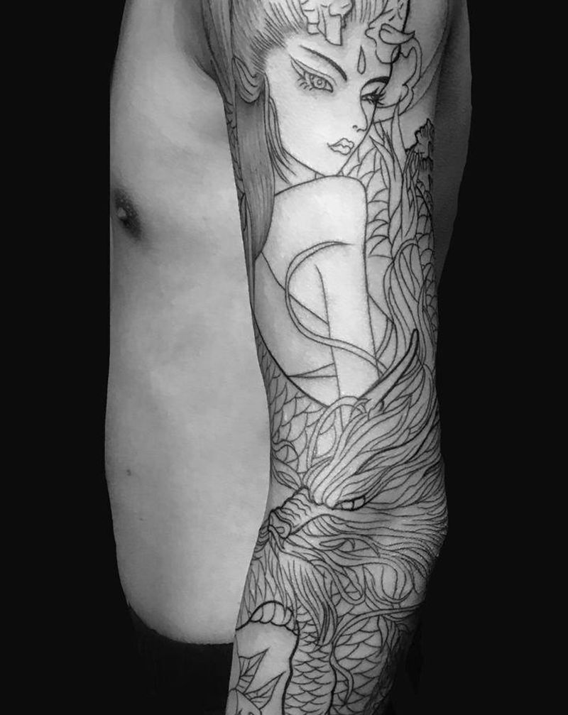 龙姬纹身图片_手臂新传统龙纹身图案