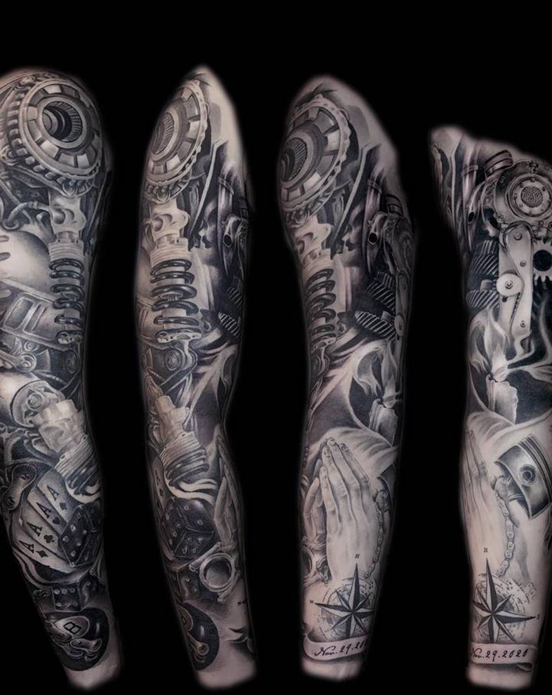 摩托零件主元素花臂纹身图片_手臂手部欧美写实摩托机械扑克纹身图案