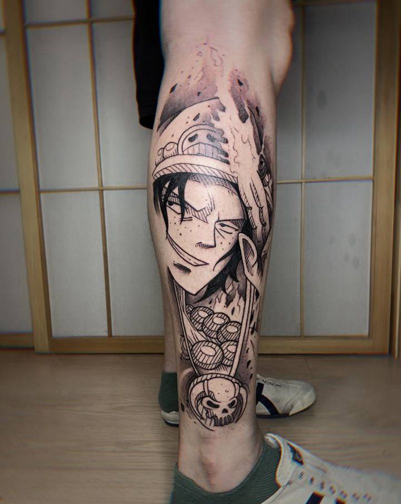 艾斯纹身图片_腿部New School艾斯海贼王动漫纹身图案