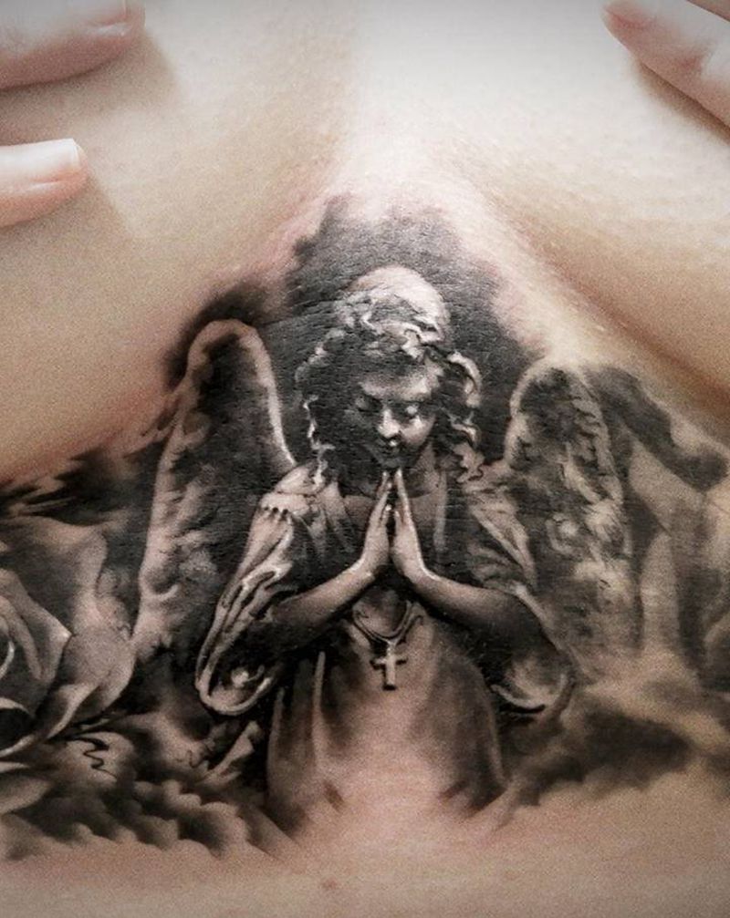 天使，遮盖纹身图片_胸部欧美写实天使天堂玫瑰纹身图案