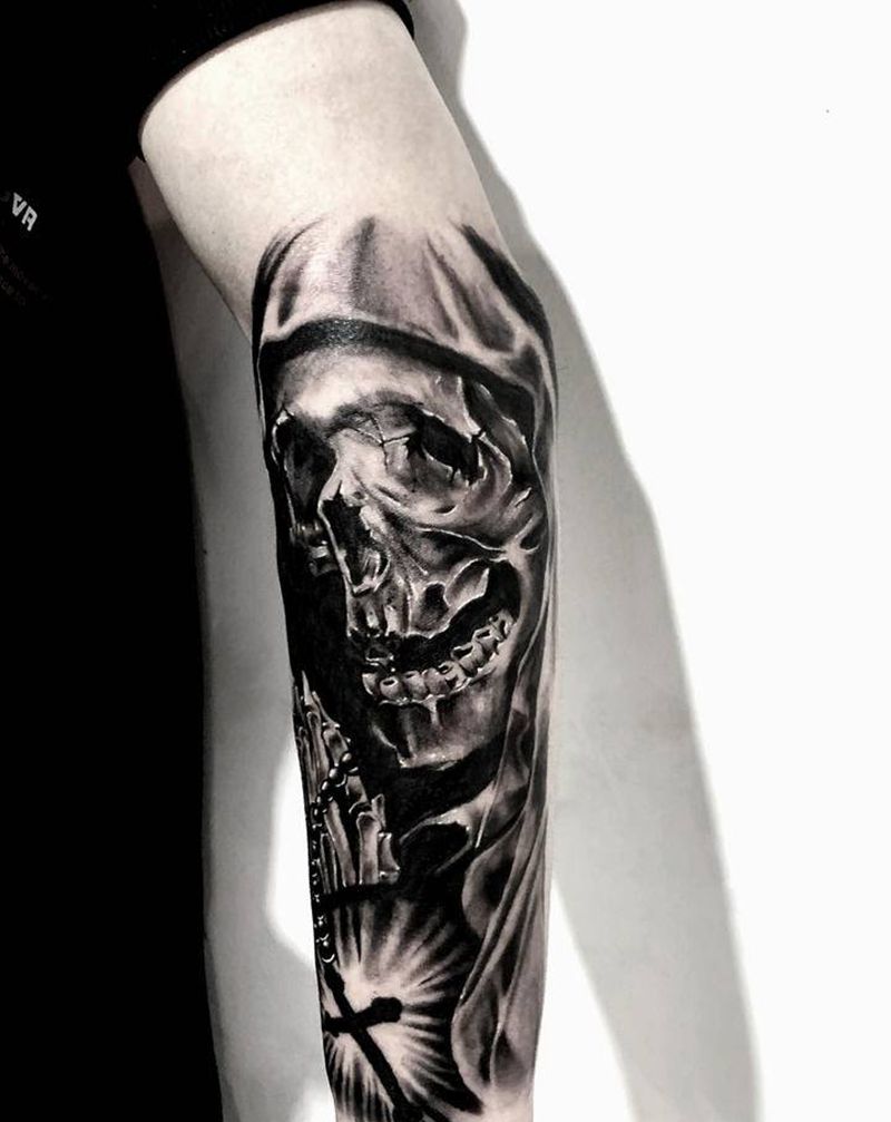 骷髅修女纹身图片_手臂欧美写实骷髅修女圣母纹身图案