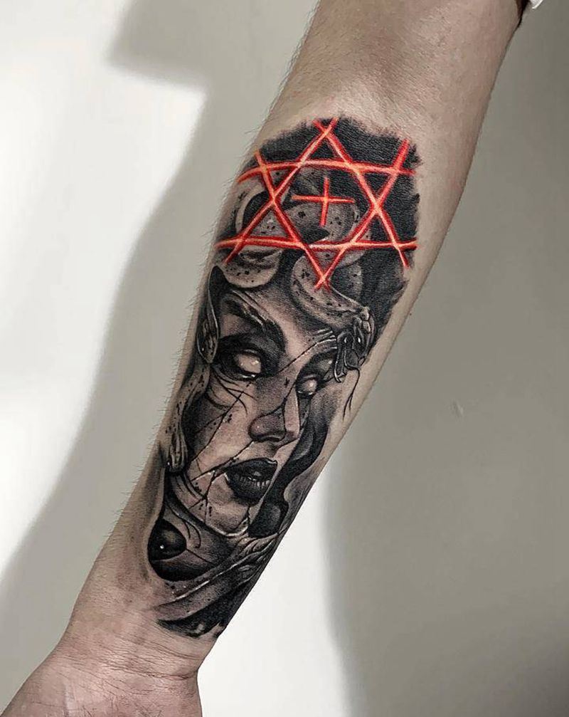 美杜莎纹身图片_手臂欧美写实美杜莎暗黑纹身图案