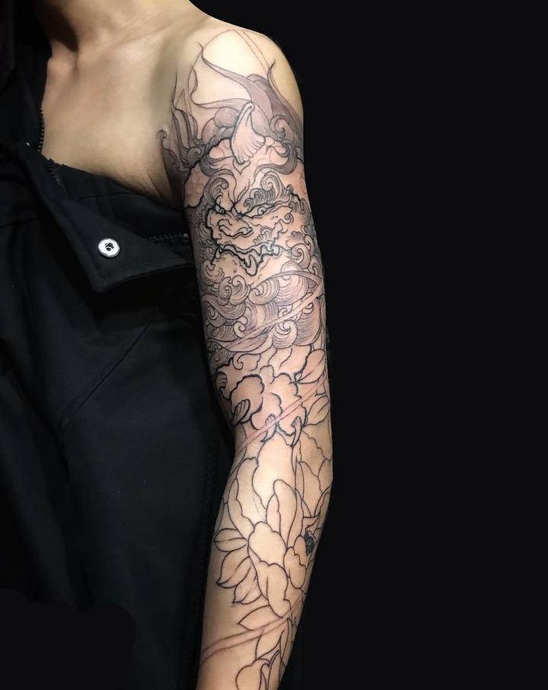 唐狮纹身图片_手臂新传统唐狮纹身图案