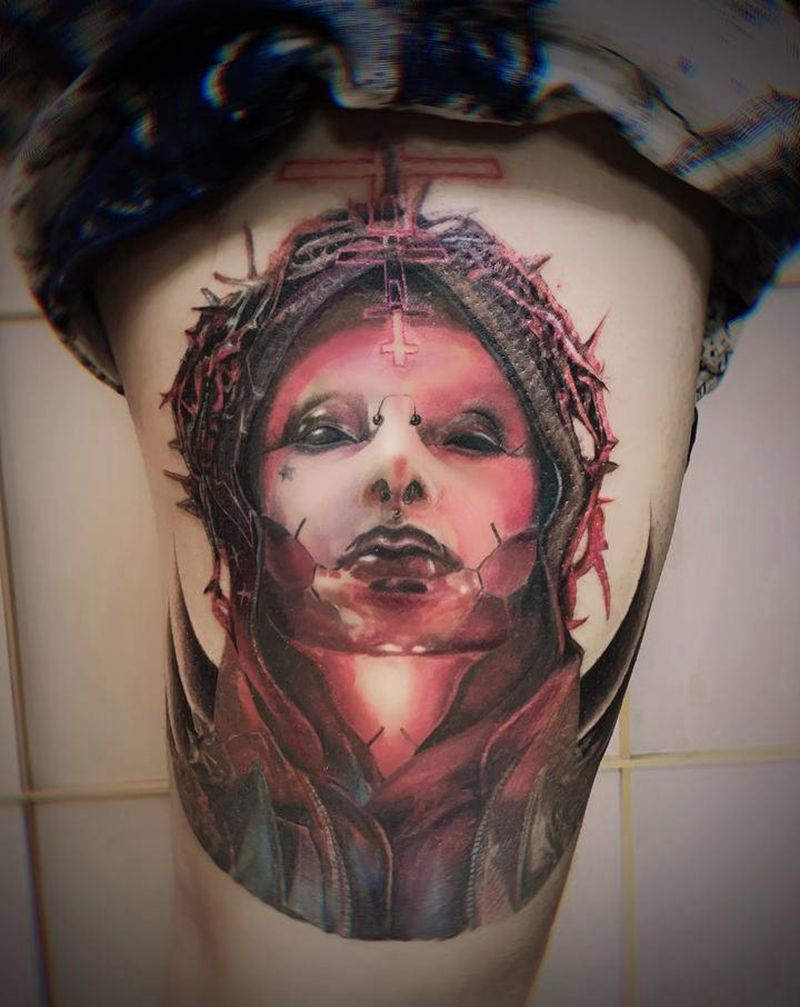 赛博朋克大方脸纹身图片_腿部欧美写实赛博朋克彩色写实彩色肖像纹身图案