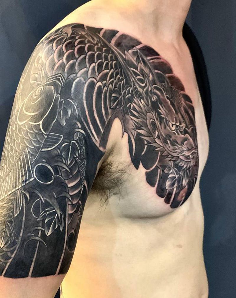 龙头半甲纹身图片_肩部老传统纹身图案