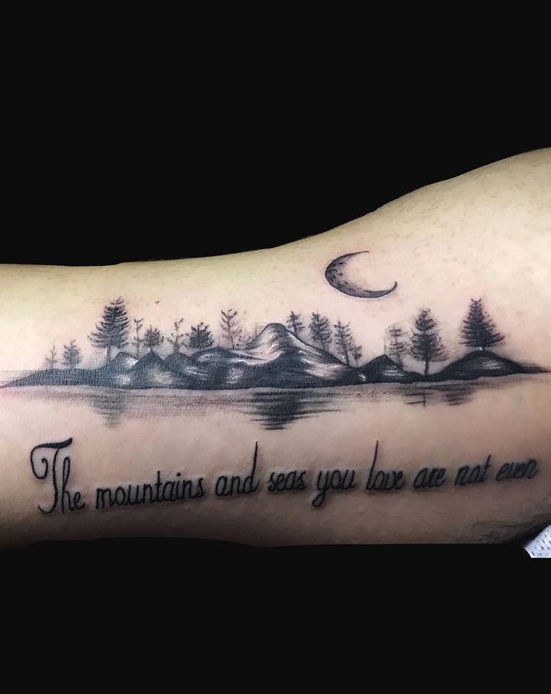 山水纹身图片_手臂水墨山水纹身图案