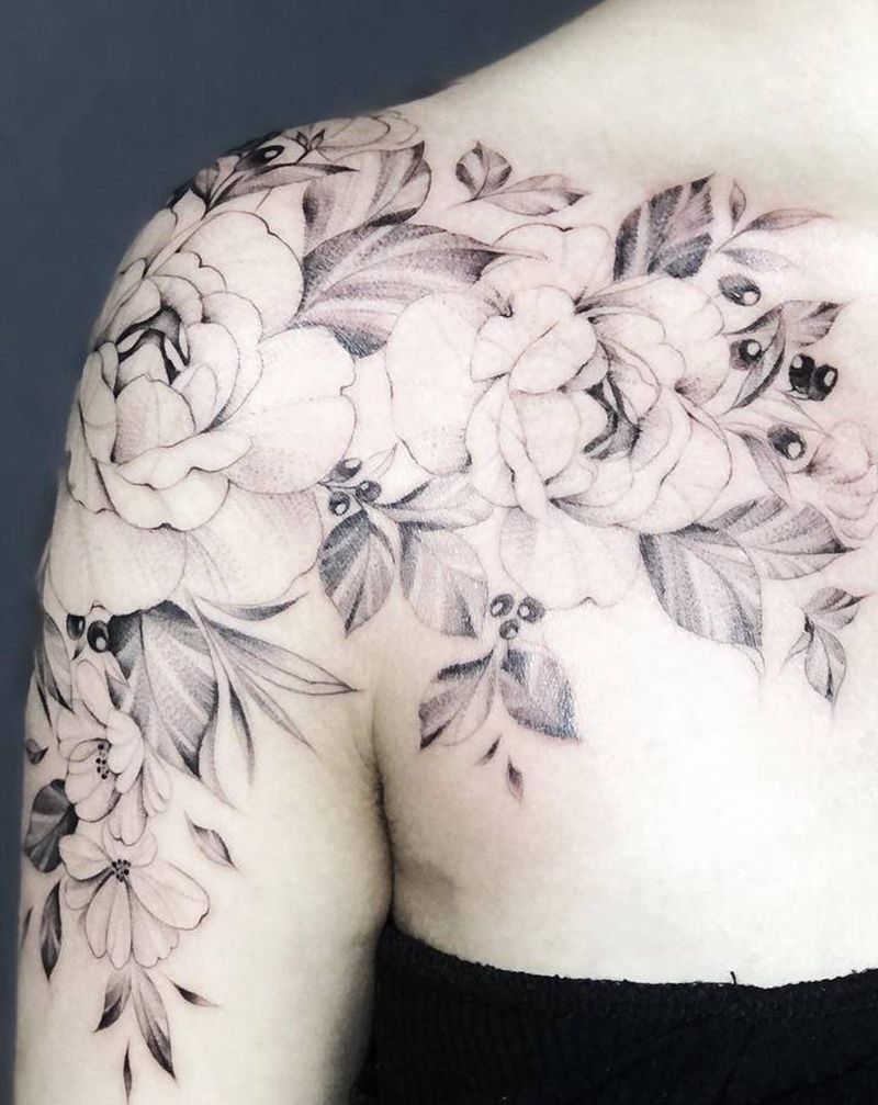 素花纹身图片_手臂肩部点刺纹身图案