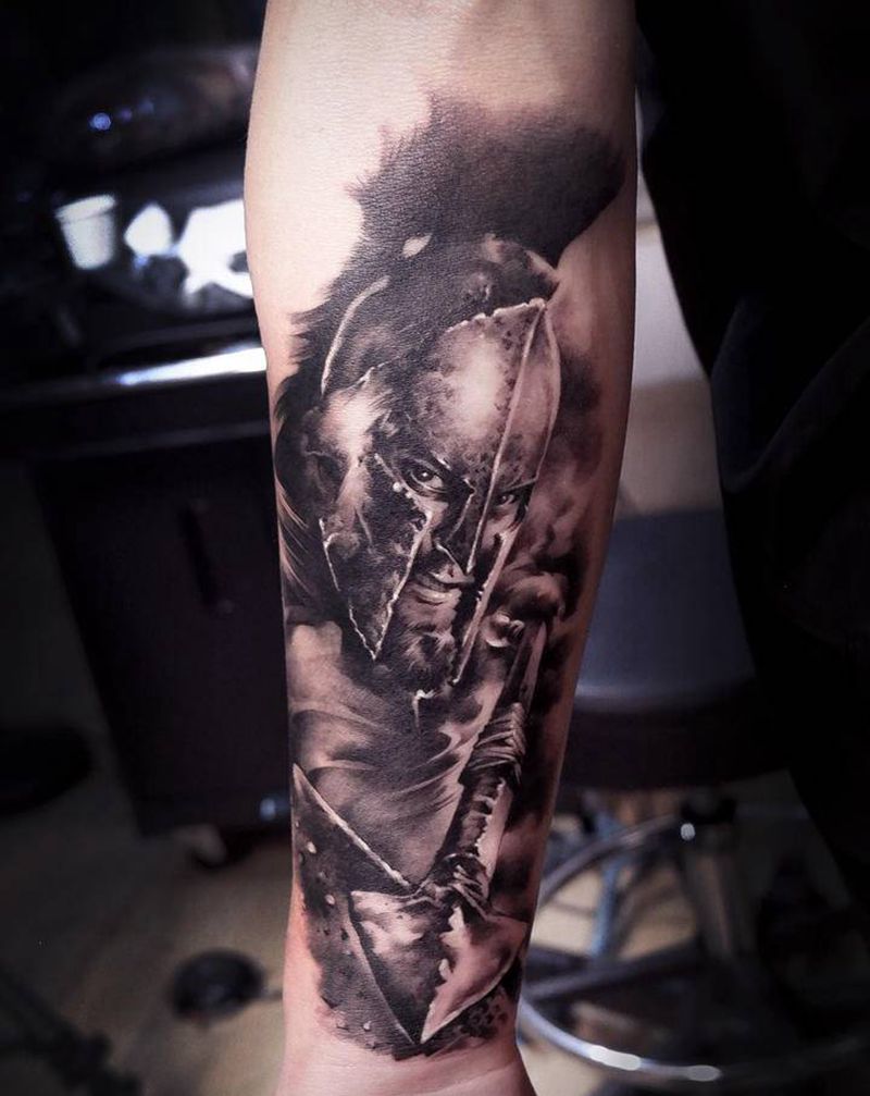 斯巴达纹身图片_手臂欧美写实斯巴达战争之王潘森纹身图案