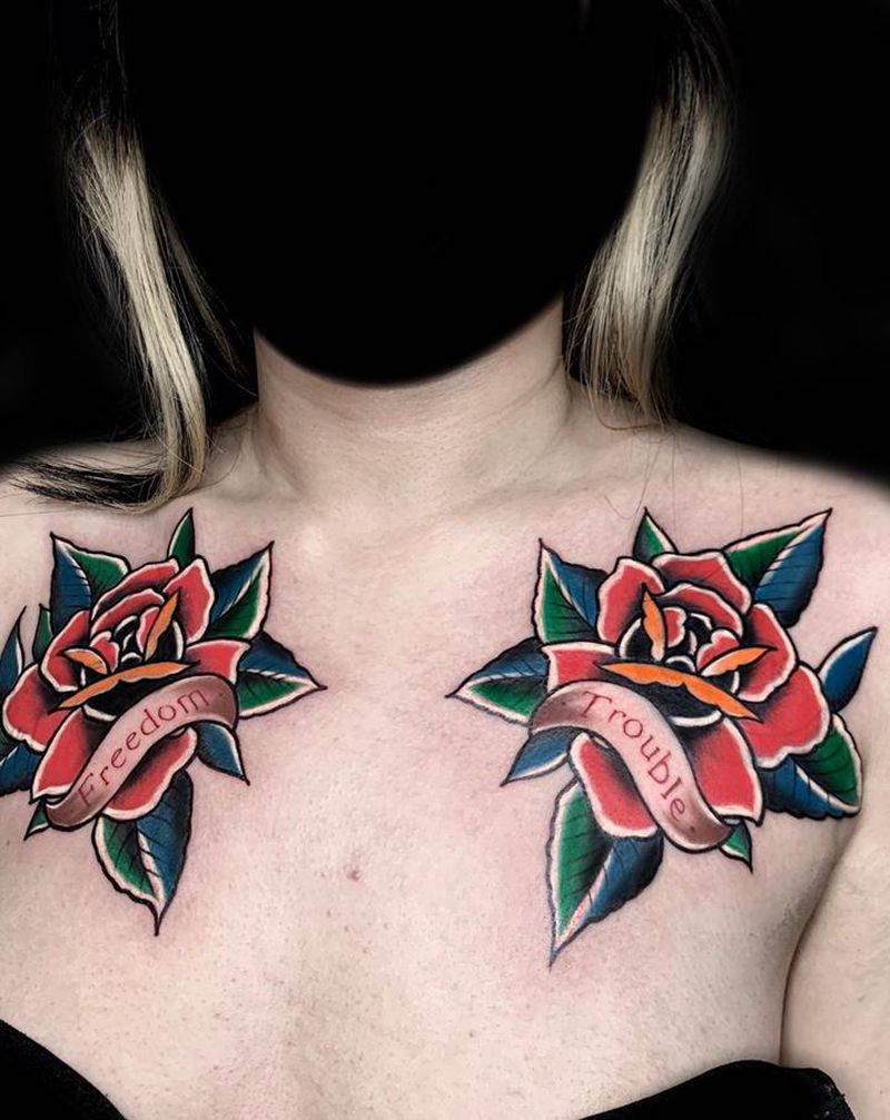 玫瑰遮盖纹身图片_胸部Old School玫瑰纹身图案