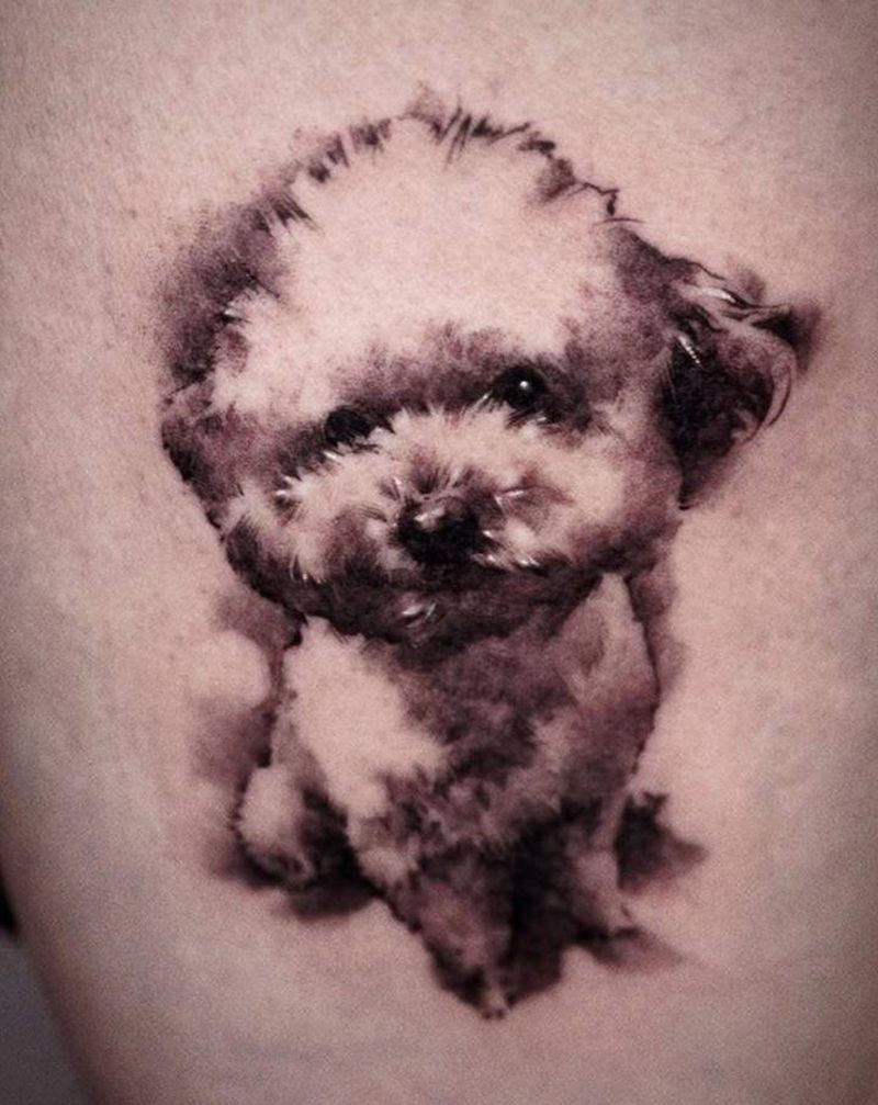 狗子纹身图片_脚部腿部欧美写实点刺亲人陪伴宠物纹身图案