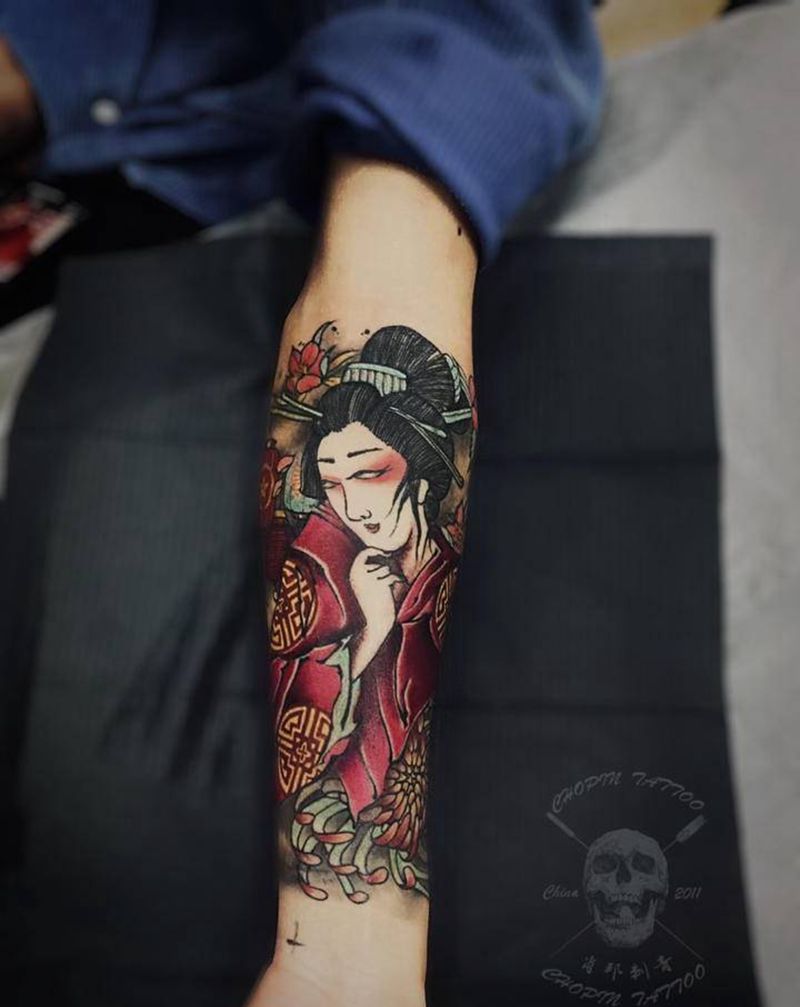 艺妓纹身图片_手臂新传统纹身图案