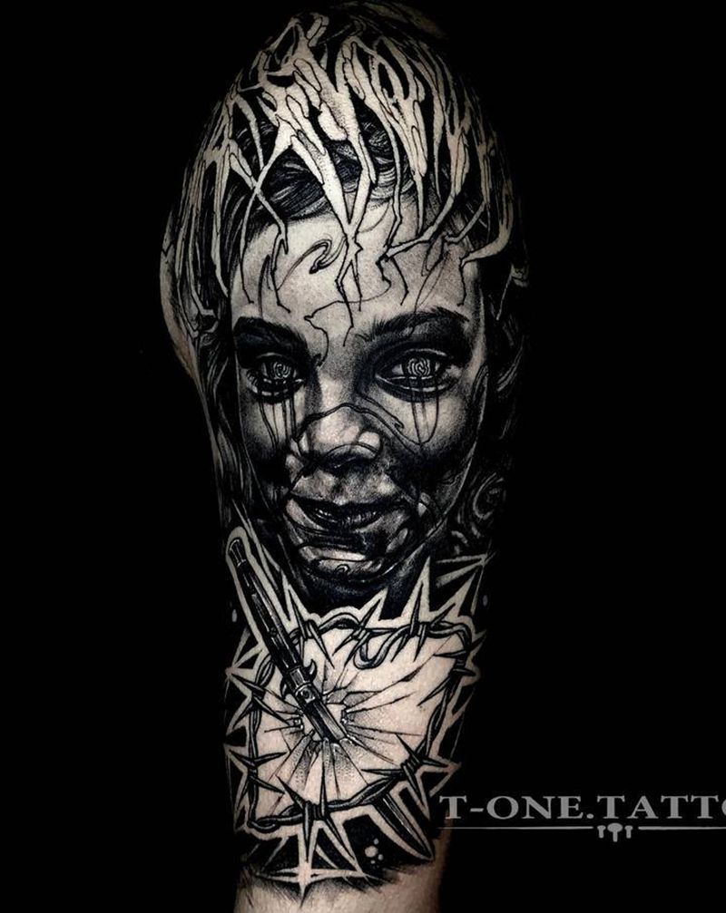 T-one纹身图片_手臂欧美写实暗黑纹身图案