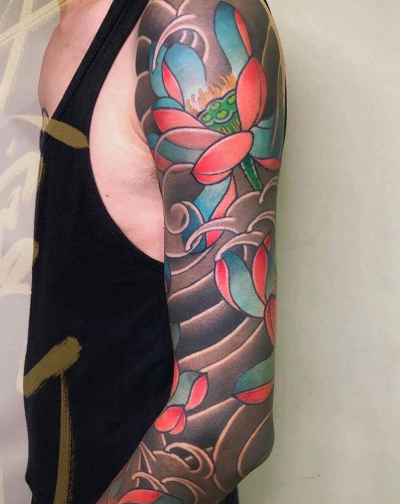 老传统花臂纹身图片_手臂老传统纹身图案