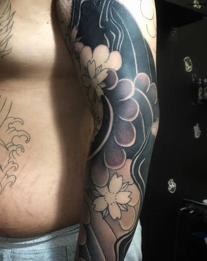 老传统 樱花纹身图片_手臂老传统樱花纹身图案