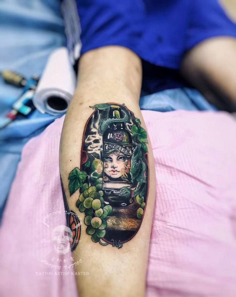 彩色欧美纹身图片_腿部欧美写实纹身图案