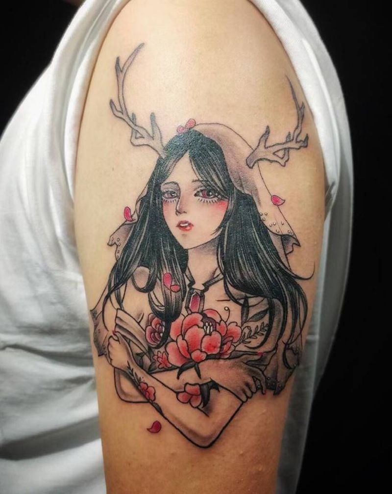 鹿角女孩纹身图片_手臂纹身图案