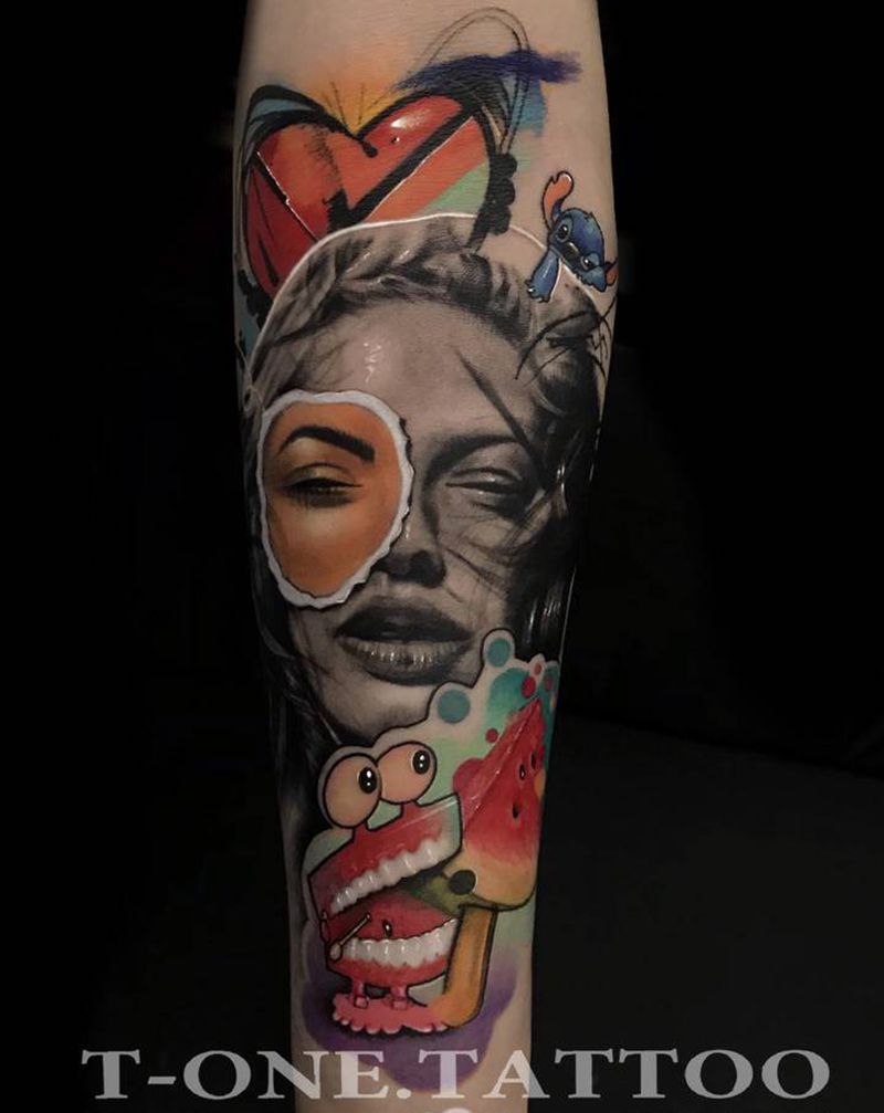 T-one纹身图片_手臂欧美写实New School纹身图案