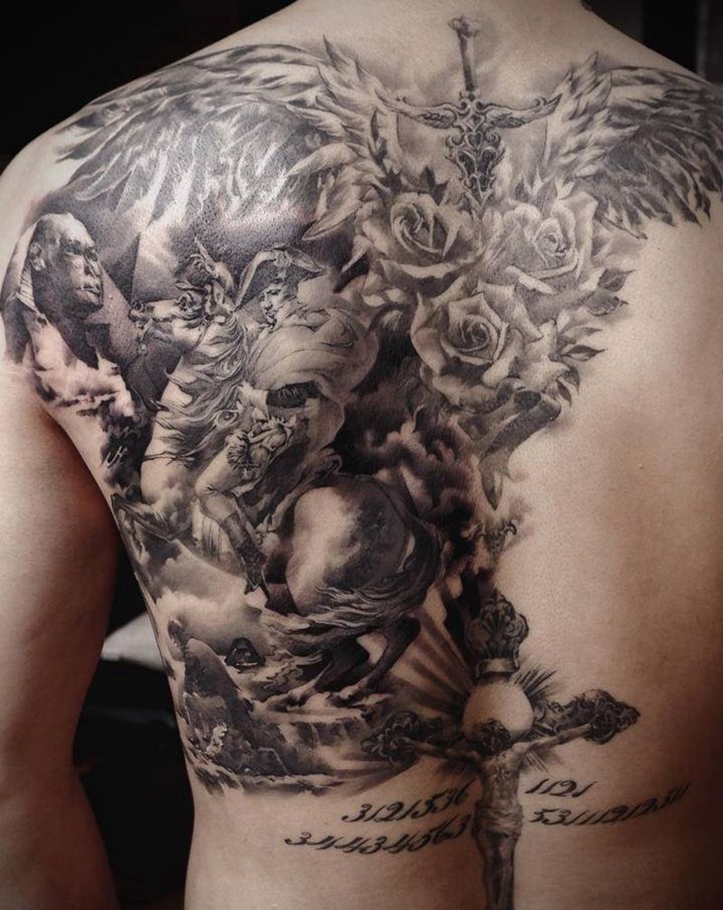 起点纹身图片_肩部背部欧美写实点刺名画历史艺术品纹身图案